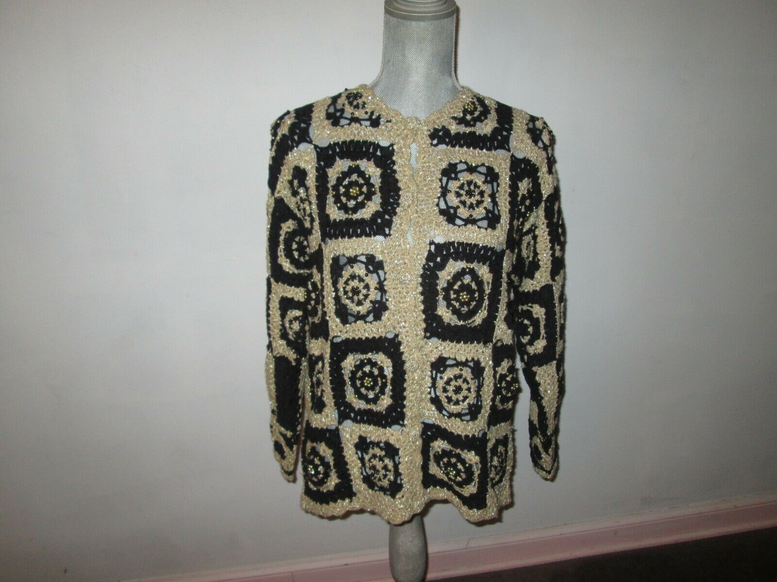 Vintage Lilly Of California Black/gold Crochet Granny Square Cardigan ~ S *nwt